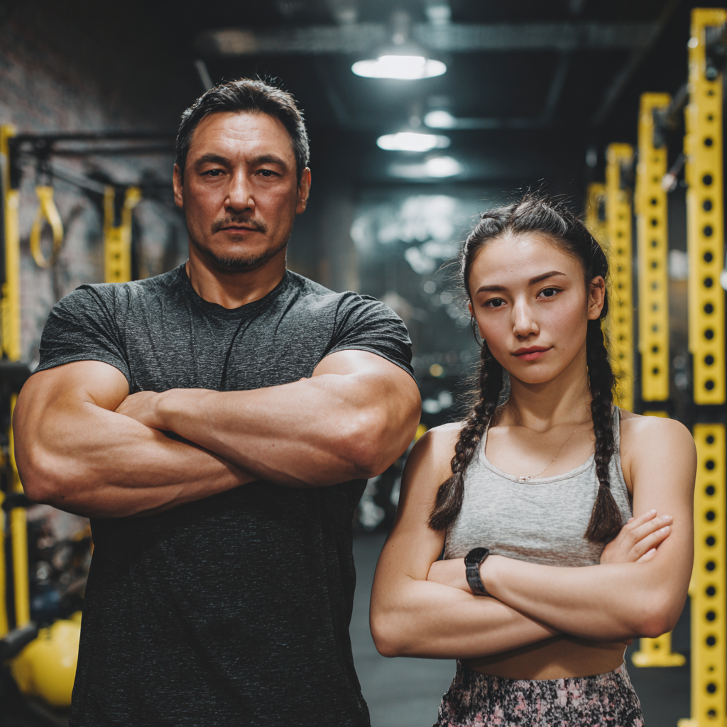 O'zbekistonlik katta yoshli erkak va ayol tabassum bilan fitnes mashg'ulotidan keyin dam olish, sog'lom hayot tarzini namoyish etish